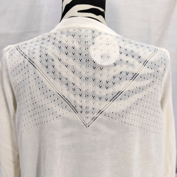 August Moon Cream Rayon Thin Knit Eyelet Criss Cross Cut-Out Sleeve Cardigan - Picture 10 of 14